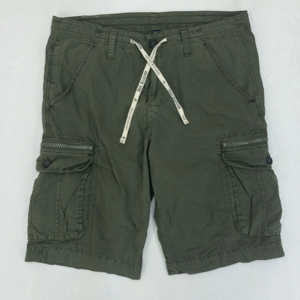 True Religion Terrain Cargo Shorts Mens 36 Olive Green Drawstring Zipper Pockets